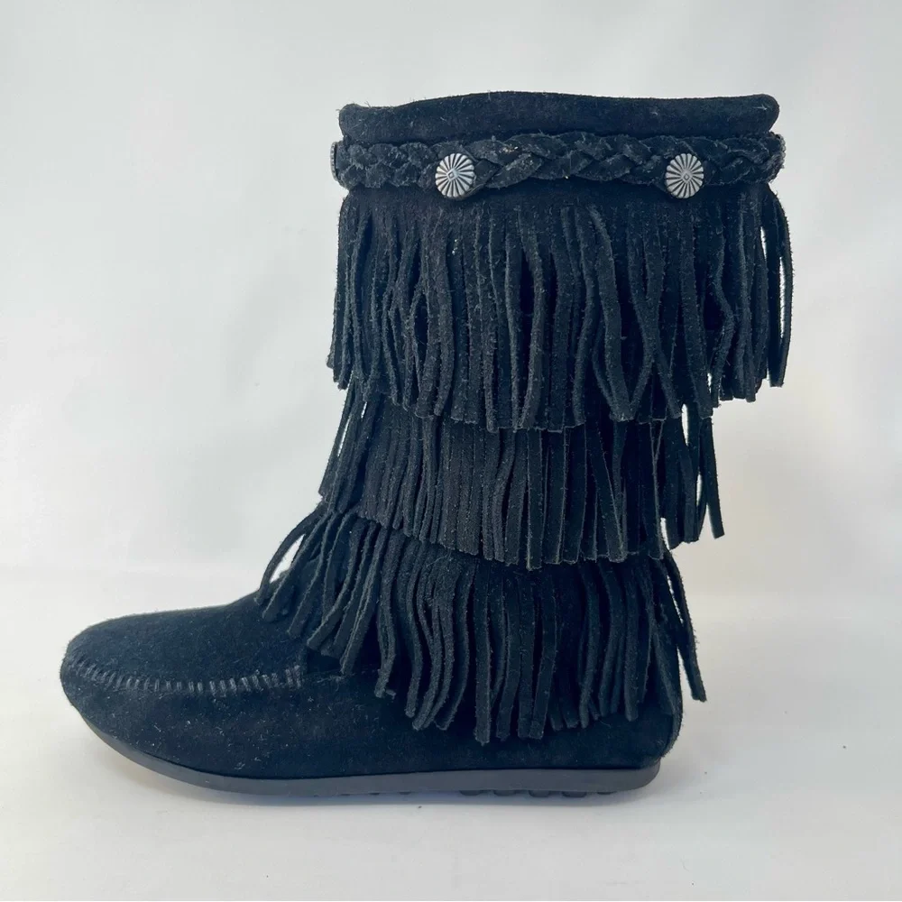 Minnetonka Black Suede 3 Tier‎ Fringe Tall Boots, Girl's Size 3